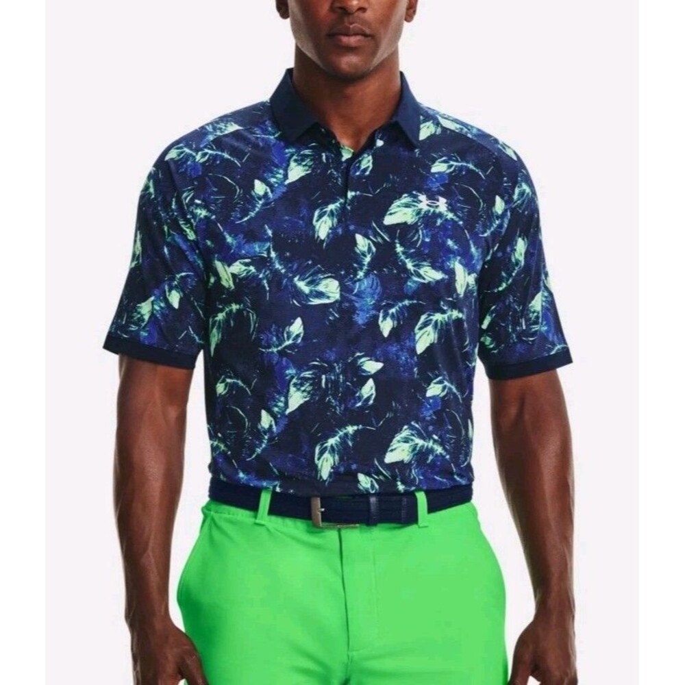 Under Armour XL ISO Chill Polo Shirt Blue Geometric Short Sleeve Golf Business